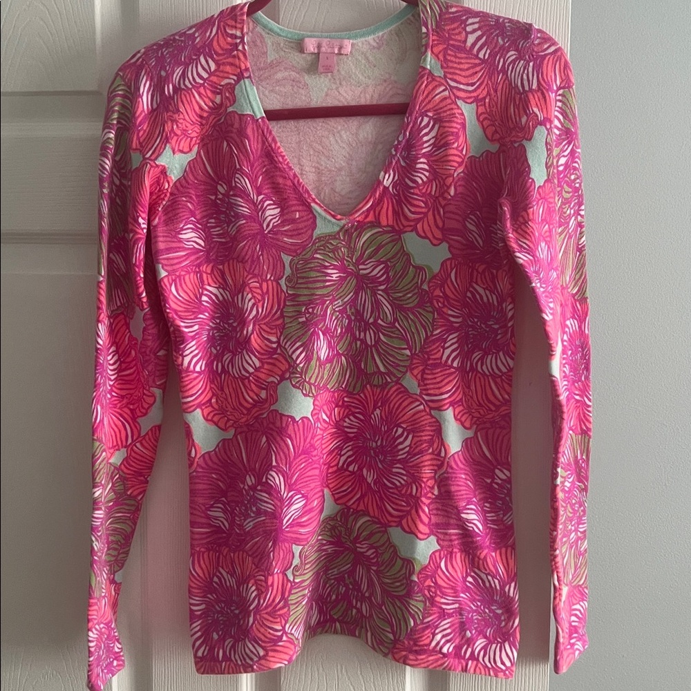 Lilly Pulitzer Elsa Pattern Pink Floral Knit Sweater - size Small 95% Cotton